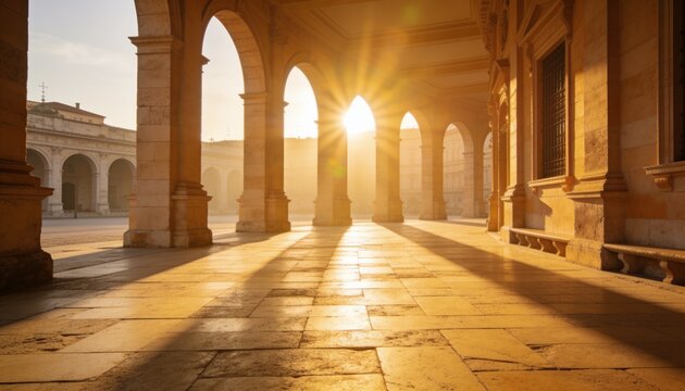 Bathing colonnade at plaza, sunburst casting long shadows across worn paving with stone columns