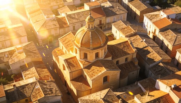 Showing central domed church glowing over Mediterranean town, terracotta roofs and narrow streets