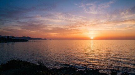 Obraz premium Serene Sunset Over Calm Ocean Waters with Distant Boats and Silhouettes