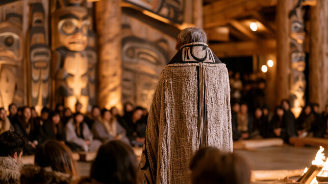 Indigenous elder in ceremonial regalia addresses a circle of community members inside a longhouse decorated with carved totemic figures, firelight casting amber across painted