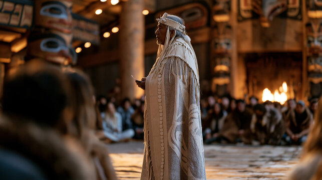 Indigenous elder in ceremonial regalia addresses a circle of community members inside a longhouse decorated with carved totemic figures, firelight casting amber across painted