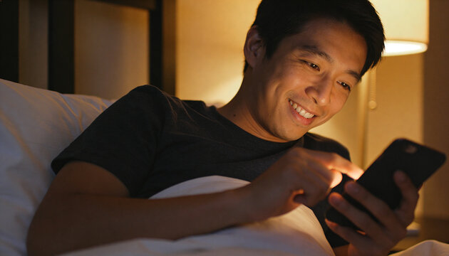 Reclining man wearing dark crewneck tee scrolling smartphone in bedroom, bedside lamp glowing