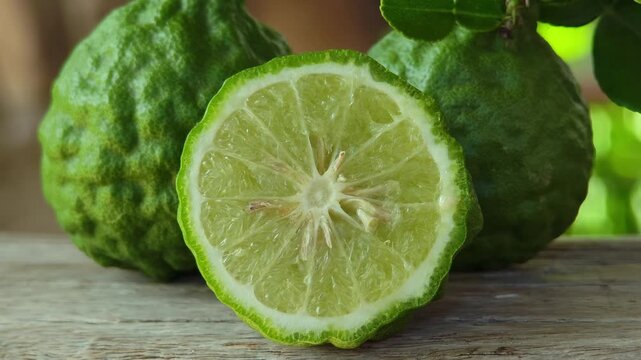 Fresh kaffir lime fruits with leaves on wooden table background.