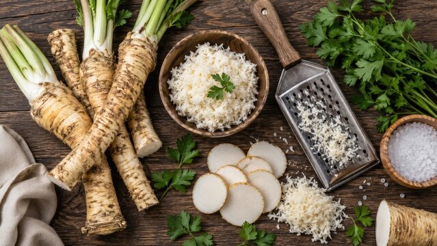 Fresh horseradish roots and grated horseradish with parsley, salt, and a metal grater on a rustic wooden table