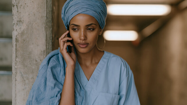Young Somali American woman in nursing scrubs calls her mother overseas during a hospital break, pressed against a concrete stairwell wall, industrial setting, fluorescent