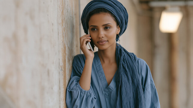 Young Somali American woman in nursing scrubs calls her mother overseas during a hospital break, pressed against a concrete stairwell wall, industrial setting, fluorescent