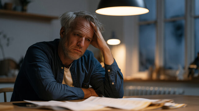 Middle-aged homeowner slumped at a kitchen table beneath harsh overhead bulb, overdue energy bills fanned across the surface, one hand pressed to forehead, windows fogged with