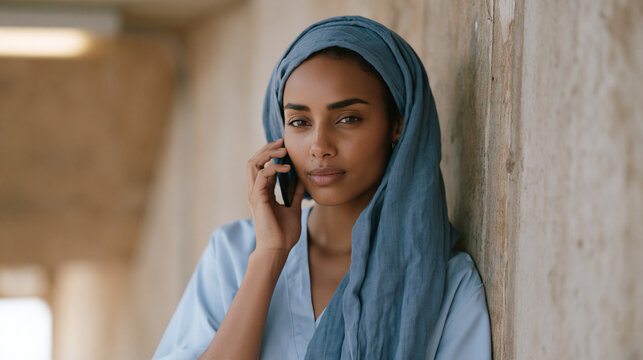 Young Somali American woman in nursing scrubs calls her mother overseas during a hospital break, pressed against a concrete stairwell wall, industrial setting, fluorescent
