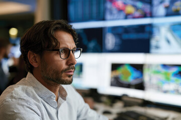 Fototapeta premium A focused man with glasses intently analyzing data on large screens, showcasing the importance of technology in decision-making and data interpretation.