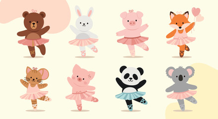 Fototapeta premium Collection of adorable cartoon animals like bear, rabbit, and panda dressed in pink tutus and performing graceful ballet dance.
