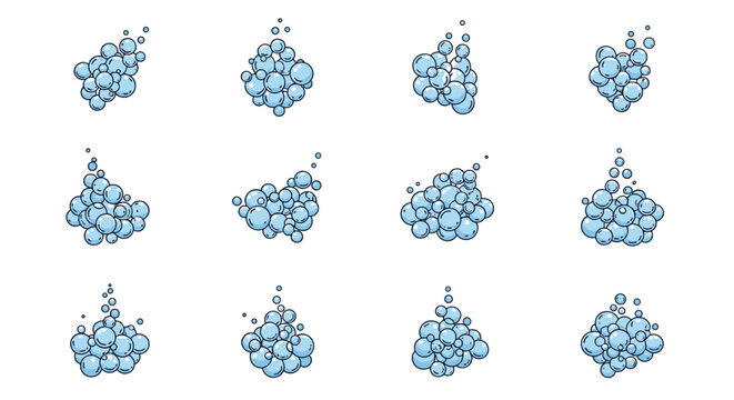 Animated sequence of blue water bubbles rising upwards in various clusters for liquid motion graphic design and visual effects.