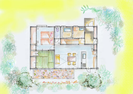 家の間取り図のイラスト：色エンピツとＰＣなど手描き風