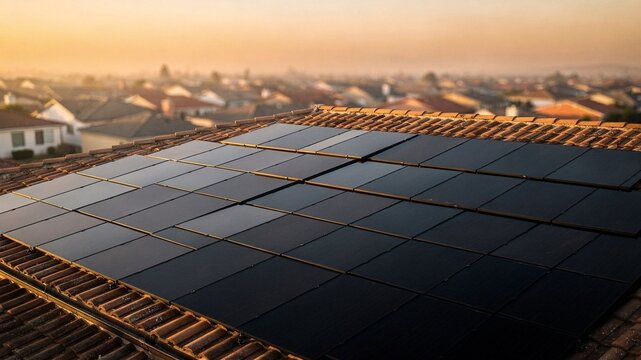 Oblique low-angle aerial shot of rooftop solar panels at vivid sunset with tilt-shift bokeh blur over dense suburban neighborhood below, dramatic renewable energy lifestyle