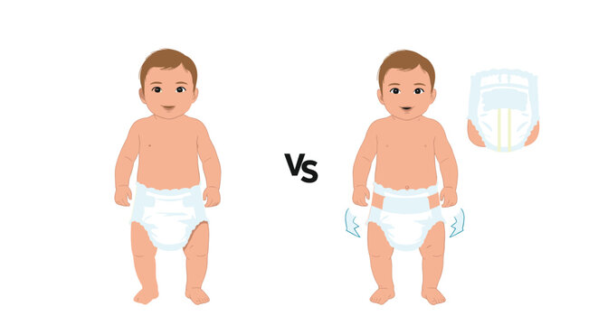 Comparison of a baby wearing a regular diaper versus a leak-proof diaper with enhanced side protection features and zones.