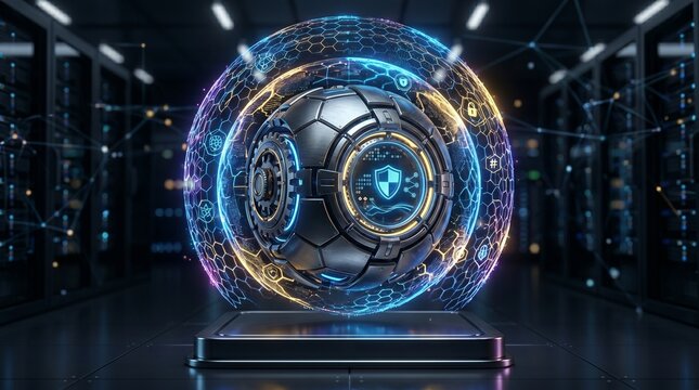 Futuristic cybernetic core suspended in a digital energy field within a server room for high technology corporate communication.