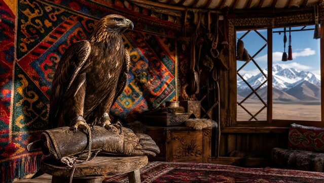 yurt. Colorful felt shyrdak rug on yurt lattice, golden eagle on glove, Central Asian nomadic concept. event programs, museum guides, designed for cultural heritage projects and event programs.