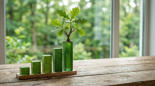 Green oak sapling growing in a glass vase on a wooden table, symbolizing growth, nature, and environmental investment