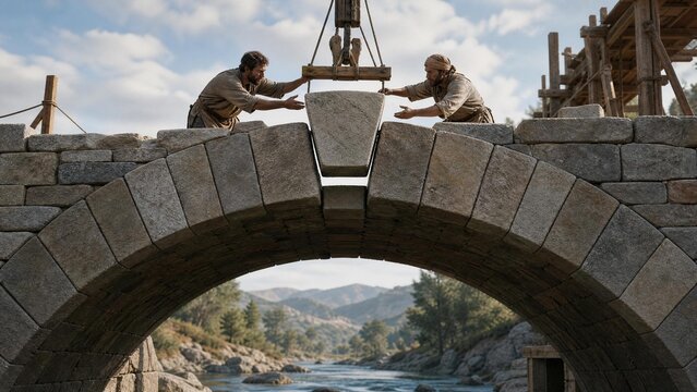 keystone. The final keystone being placed into a stone arch bridge, architectural detail. real-estate listings.
