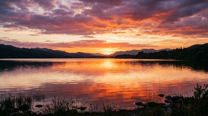 Naklejka premium Vibrant Sunset Over Calm Lake Reflecting Mountain Silhouettes
