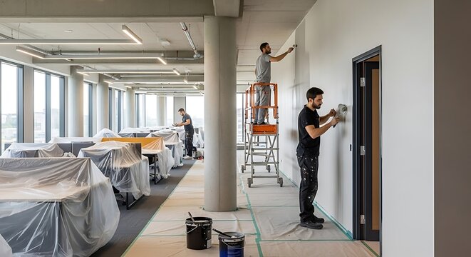 Painters at Work Interior Painting in a Modern Office Space Renovation.