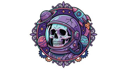 Colorful illustration of a skull in an astronaut helmet with planets © colorshapppy