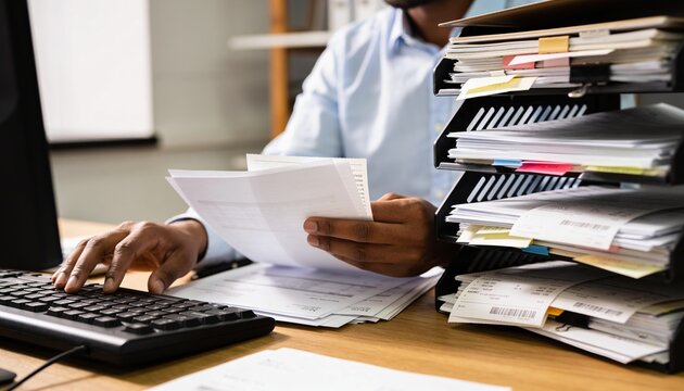 Reviewing man in light blue shirt handling printed forms and typing at office desk, file organizer