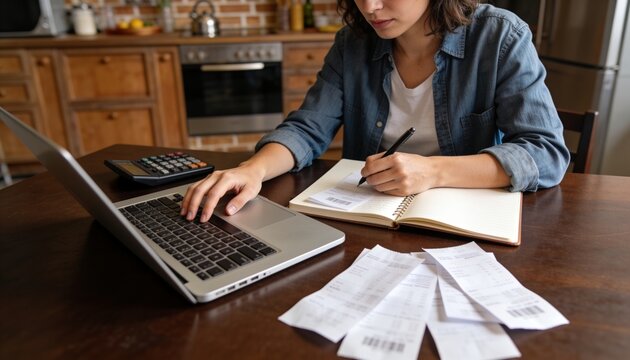 Tallying woman in denim shirt and white tee sorting receipts at kitchen table, laptop calculator