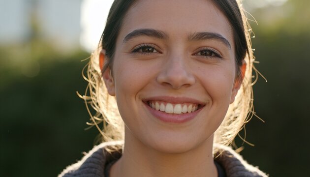Smiling woman showing teeth outdoors in green area, with knit sweater and warm rim light