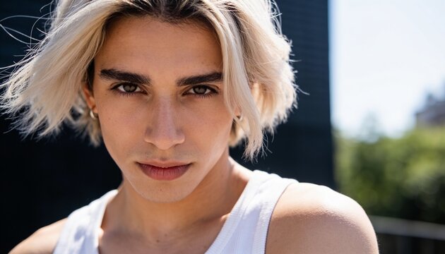 Posing man with platinum-blonde haircut on balcony, wearing white ribbed tank and small hoops