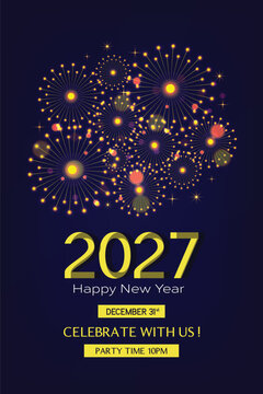 Happy New Year 2027 Text Holiday Graphic with Gold Fireworks Background