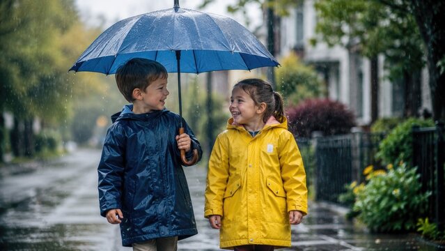 Two smiling children share a blue umbrella on a rainy residential street, wearing yellow and navy raincoats