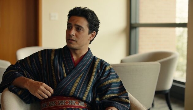 Sitting man in striped kimono robe leaning back in armchair in lounge with sash and window