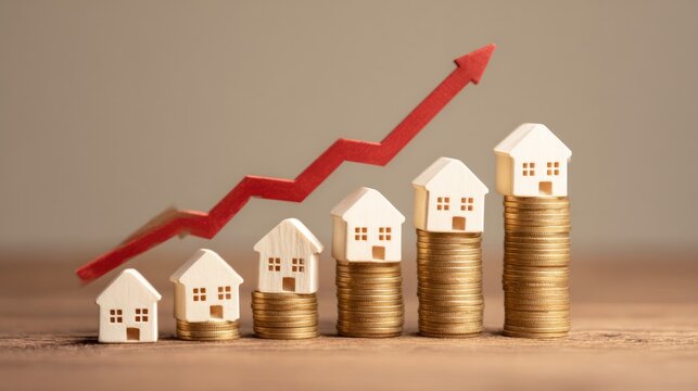 Real Estate Market Growth: Miniature houses are stacked on coins, arranged in increasing height and value, symbolizing the upward trend of property prices, with a red arrow graph indicating growth.