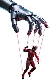 Robotic hand controlling astronaut figure as a marionette puppet