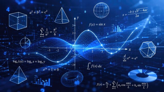 Blue futuristic digital background with mathematical equations, 3D geometric shapes, graphs, and a sinusoidal wave
