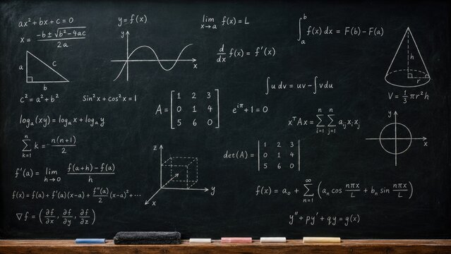 Chalkboard filled with mathematical equations, formulas, graphs, and geometric diagrams