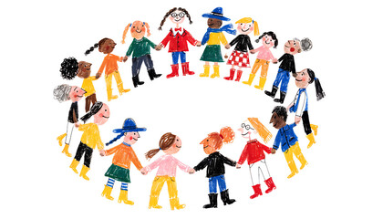 Fototapeta premium Multicultural Diverse Group of People Holding Hands in a Circle, Hand Drawn Naive Folk Art Watercolor Illustration