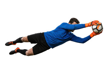 Soccer goalkeeper diving to catch a ball