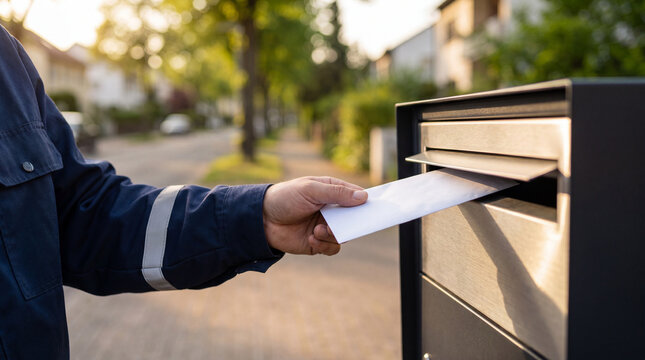 Postal worker in a navy uniform placing a white envelope into a modern black mailbox on a quiet residential street in warm evening light