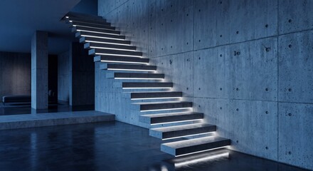 Fototapeta premium modern staircase with led strip lighting on a concrete wall in a contemporary home interior