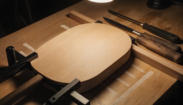 Wooden Spoon in Workshop freshly sanded sits workbench surrounded by woodworking tools clamps