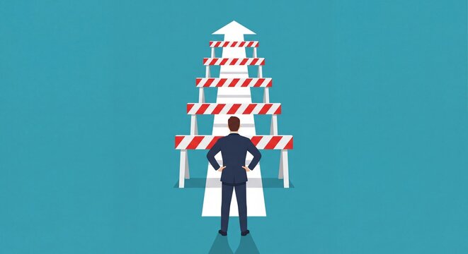 businessman facing multiple hurdles and roadblocks on an upward arrow path for business challenges concept