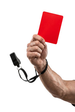 Referee hand holding red card and whistle in penalty