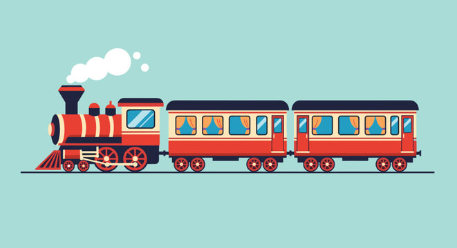Vintage steam train with red locomotive and passenger carriages on a plain light blue background in flat vector style.