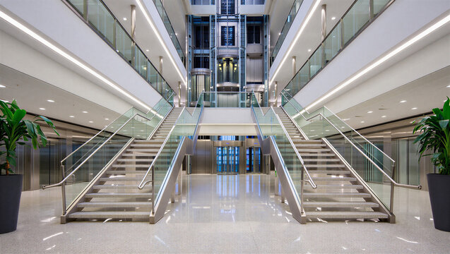 Central staircase and elevator lobby in corporate office atrium with staircase elevator interior