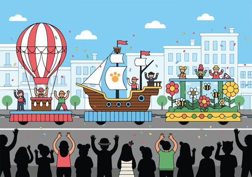 A colorful parade scene with a hot air balloon and a pirate ship