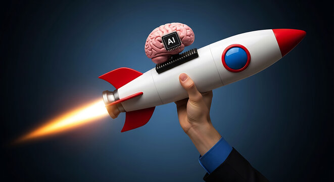 Hand holding flying rocket ship with AI brain chip representing technology boost