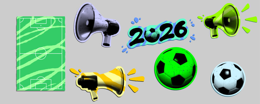 Soccer halftone pop art bundle. Collection of sports elements featuring football balls megaphones and year 2026 with retro dot texture effect for modern athletic event graphic clip art.
