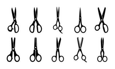 Fototapeta premium A diverse collection of ten unique professional scissors silhouettes isolated on white background for creative design projects and craft concepts