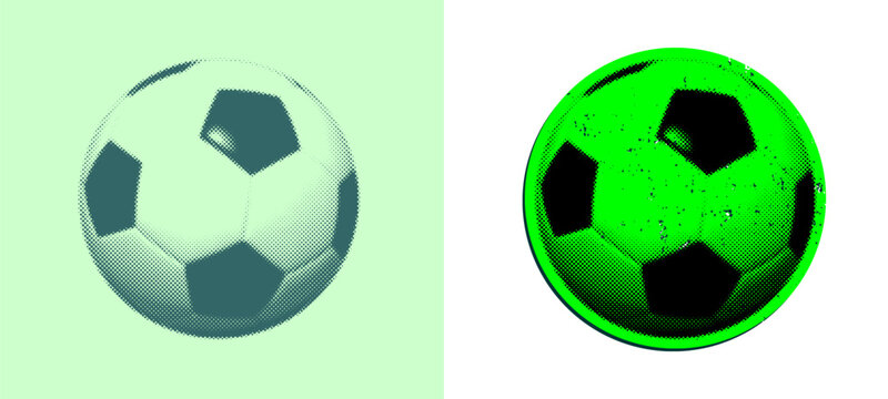 Soccer halftone pop art ball. Bold football graphic element featuring heavy dots pattern and glowing aura effect for energetic sports suporter merchandise and athletic event clip art.